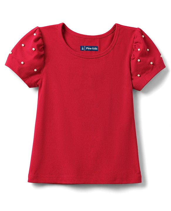 Pine Kids Cotton Knit Tops with Puffed Sleeves and Embellishments Red 4-5 Years