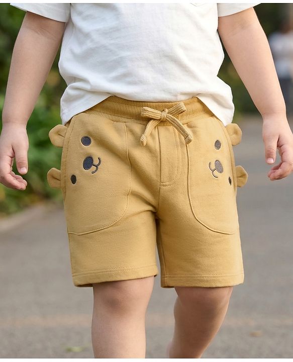 Babyhug Terry Knit Mid Thigh Shorts with Bear Embroidery - Brown