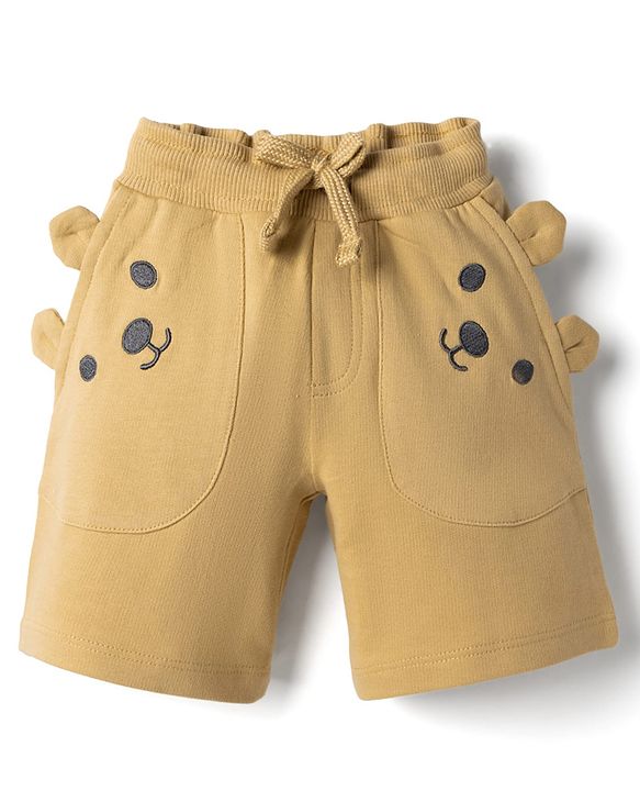 Babyhug Terry Knit Mid Thigh Shorts with Bear Embroidery - Brown
