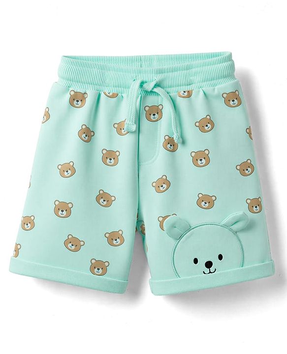 Babyhug 100% Cotton Terry Knit Mid Thigh Shorts With Teddy Print & Applique - Aqua Blue