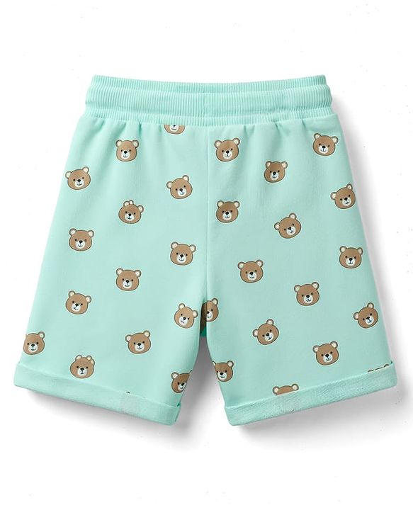 Babyhug 100% Cotton Terry Knit Mid Thigh Shorts With Teddy Print & Applique - Aqua Blue