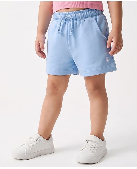 Babyhug Terry Knit Mid Thigh Shorts with Floral Embroidery - Blue