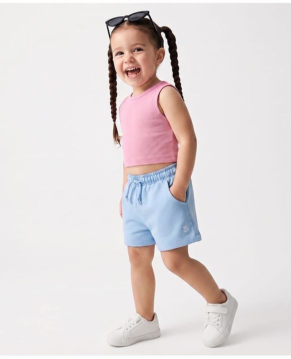 Babyhug Terry Knit Mid Thigh Shorts with Floral Embroidery - Blue