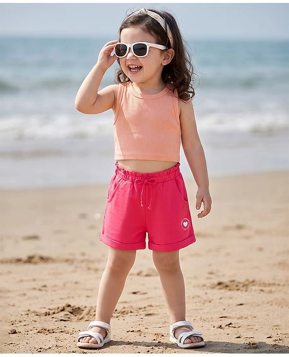 Babyhug Terry Knit Mid Thigh Shorts with Heart Print - Dark Pink