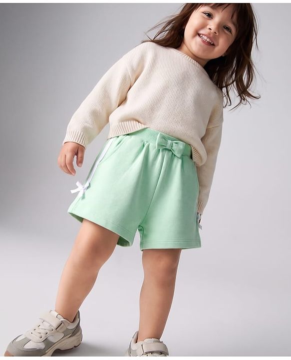 Babyhug Terry Knit Mid Thigh Solid Shorts with Bow Applique - Mint