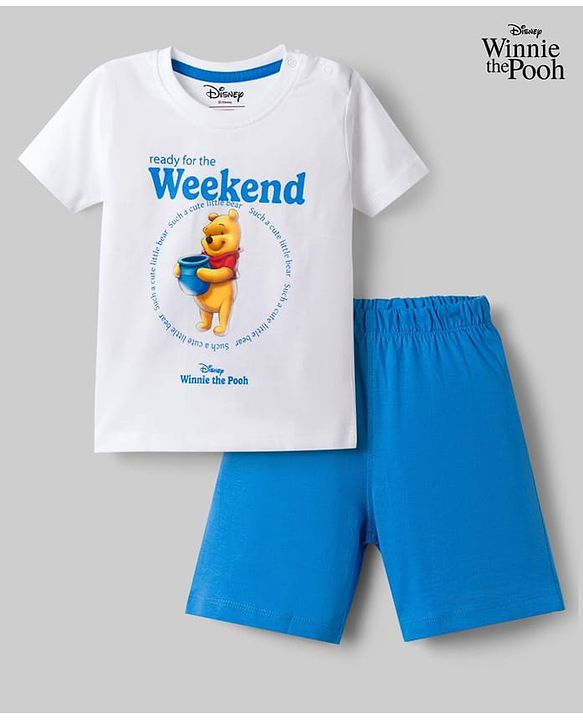 Babyhug Disney Terry Knit Half Sleeves T-Shirt & Shorts Set with Winnie The Pooh Grapichs - White & Blue