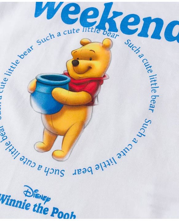 Babyhug Disney Terry Knit Half Sleeves T-Shirt & Shorts Set with Winnie The Pooh Grapichs - White & Blue