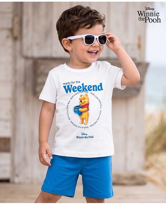 Babyhug Disney Terry Knit Half Sleeves T-Shirt & Shorts Set with Winnie The Pooh Grapichs - White & Blue