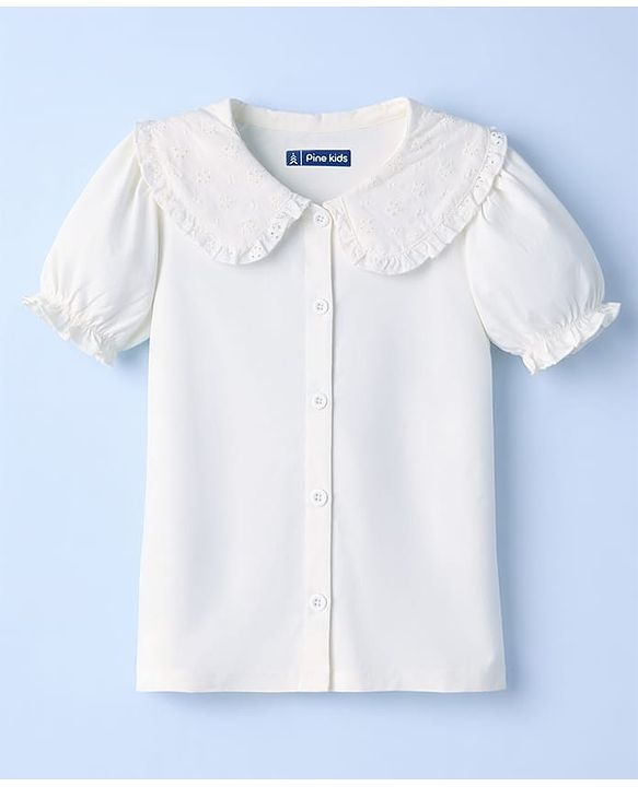 Pine Kids Cotton Knit Top with Peter Pan Collar and Puff Sleeves White 4-5 Years