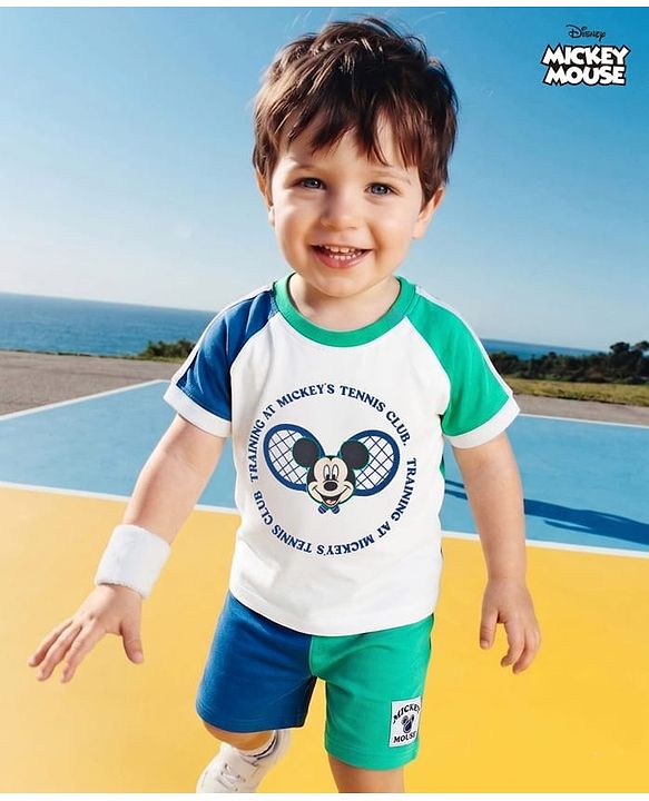 Babyhug Disney 100% Cotton Knit Half Raglan Sleeves T-Shirt & Shorts Set With Mickey Mouse Graphic - Blue & Sea Green