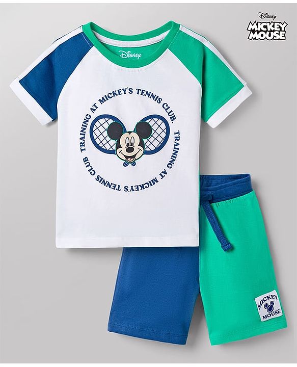 Babyhug Disney 100% Cotton Knit Half Raglan Sleeves T-Shirt & Shorts Set With Mickey Mouse Graphic - Blue & Sea Green
