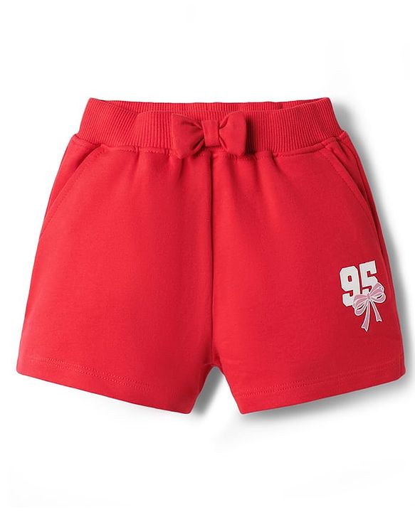 Babyhug Terry Knit Mid Thigh Shorts with Bow Applique & Number Print - Red