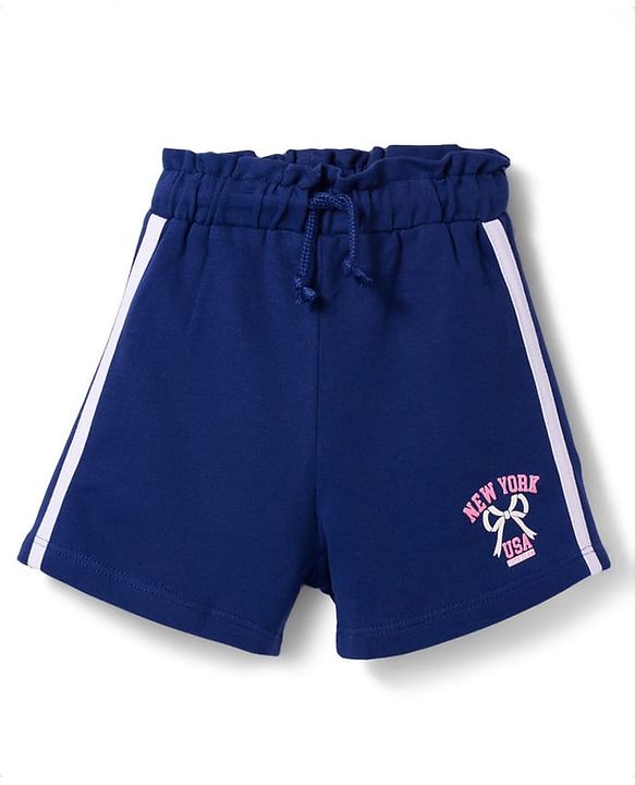 Babyhug Terry Knit Mid Thigh Length Shorts with New York Print & Tape Detailing - Navy Blue