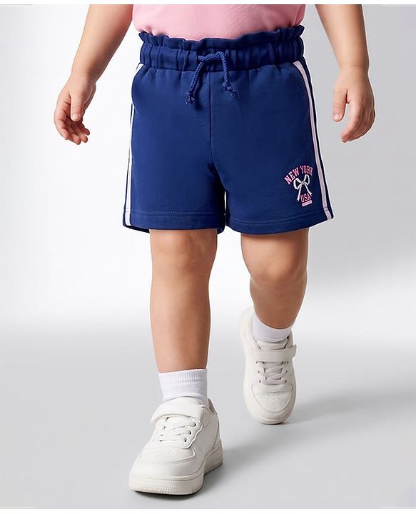Babyhug Terry Knit Mid Thigh Length Shorts with New York Print & Tape Detailing - Navy Blue