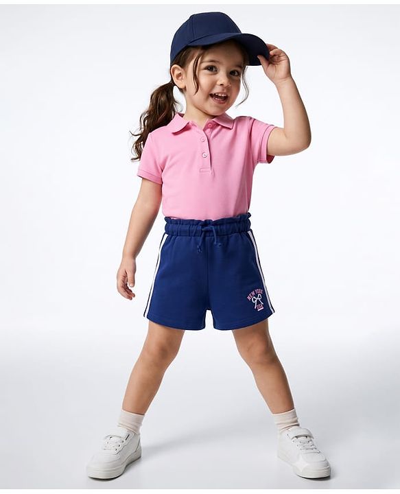 Babyhug Terry Knit Mid Thigh Length Shorts with New York Print & Tape Detailing - Navy Blue