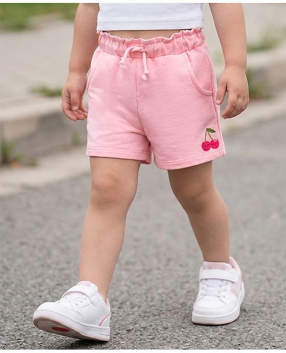 Babyhug Terry Knit Mid Thigh Cherry Embroidered Shorts - Pink