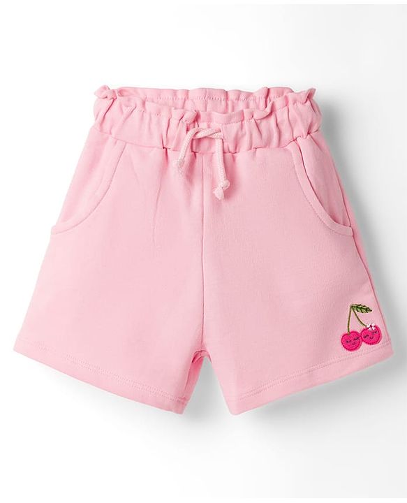 Babyhug Terry Knit Mid Thigh Cherry Embroidered Shorts - Pink