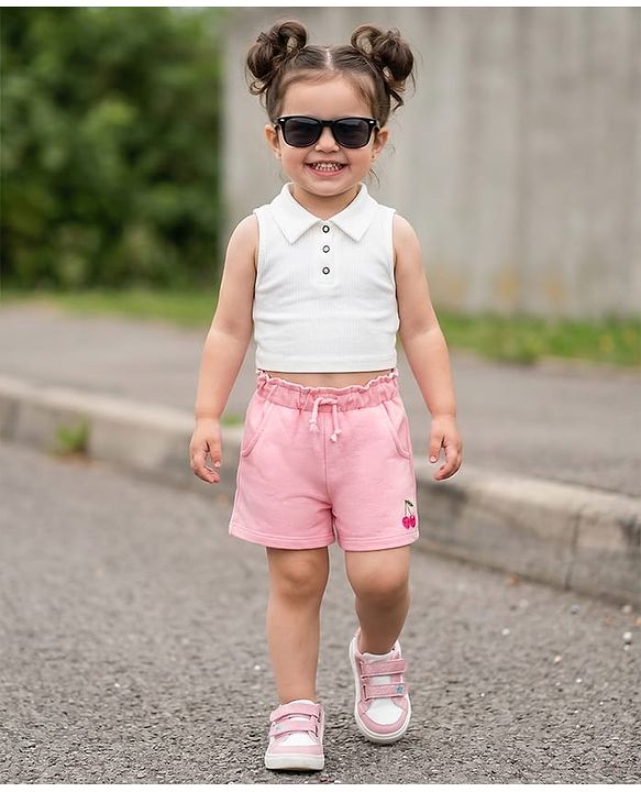 Babyhug Terry Knit Mid Thigh Cherry Embroidered Shorts - Pink