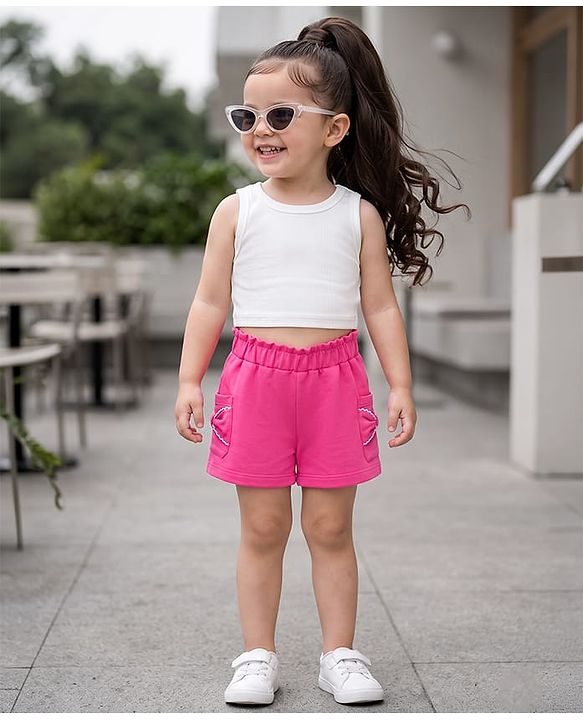 Babyhug 100% Cotton Knit Mid Thigh Length Shorts with Bow Design - Pink