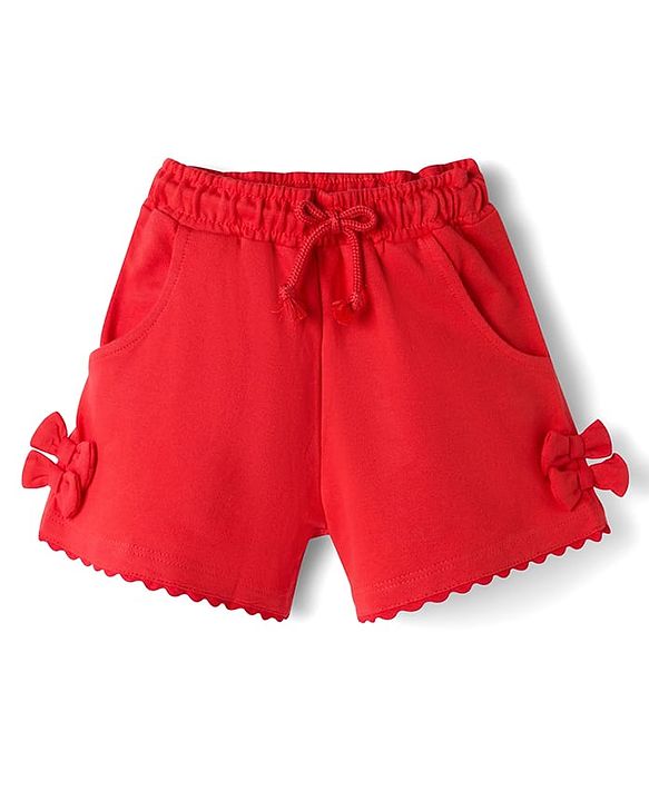 Babyhug Terry Knit Mid Thigh Solid Shorts With Bow Applique - Red