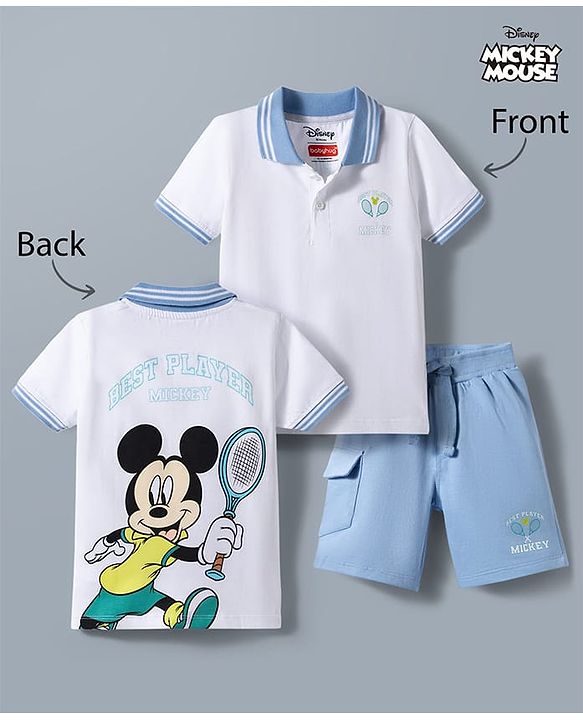 Babyhug Disney 100% Cotton Knit Half Sleeves Polo T-Shirt With Shorts Set With Mickey Mouse Graphic - Light Blue