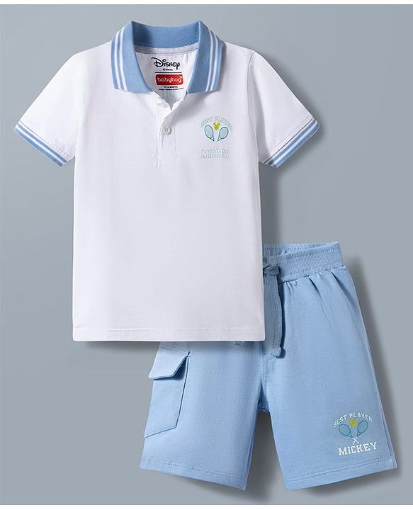 Babyhug Disney 100% Cotton Knit Half Sleeves Polo T-Shirt With Shorts Set With Mickey Mouse Graphic - Light Blue