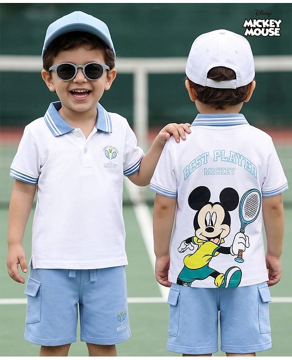 Babyhug Disney 100% Cotton Knit Half Sleeves Polo T-Shirt With Shorts Set With Mickey Mouse Graphic - Light Blue