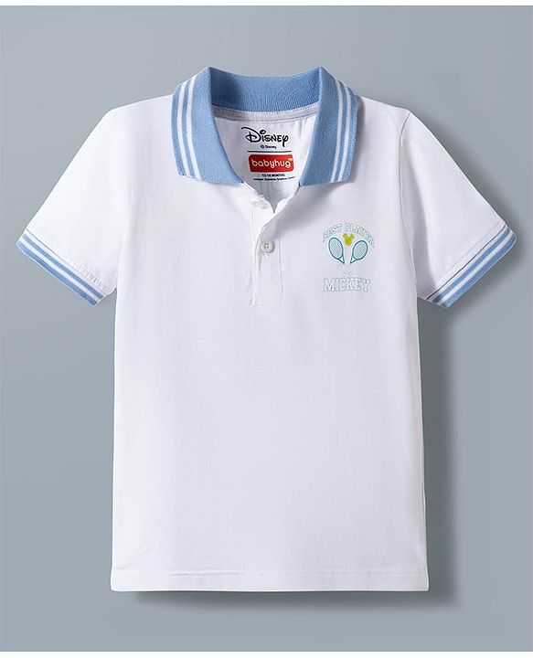Babyhug Disney 100% Cotton Knit Half Sleeves Polo T-Shirt With Shorts Set With Mickey Mouse Graphic - Light Blue