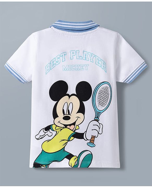 Babyhug Disney 100% Cotton Knit Half Sleeves Polo T-Shirt With Shorts Set With Mickey Mouse Graphic - Light Blue