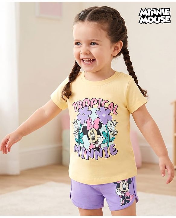 Babyhug Disney Single Jersey Knit Half Sleeves T-Shirt & Shorts Set with Minnie Mouse Graphics - Multicolor