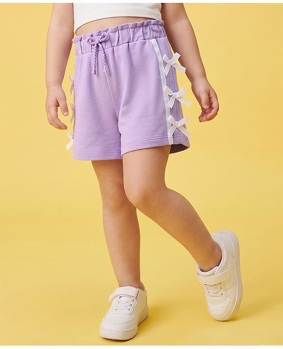 Babyhug 100% Cotton Terry Knit Mid Thigh Solid Shorts With Bow Applique - Lavender