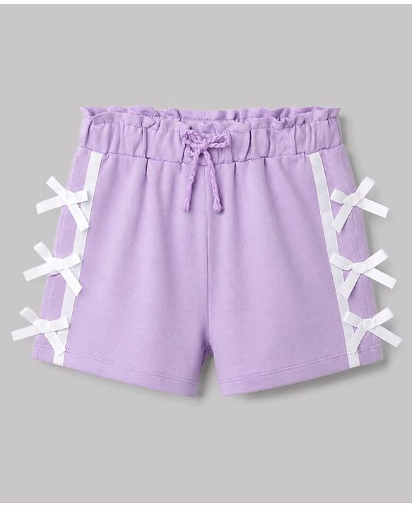 Babyhug 100% Cotton Terry Knit Mid Thigh Solid Shorts With Bow Applique - Lavender