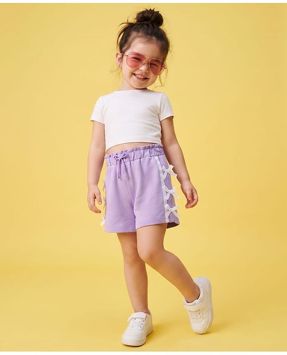 Babyhug 100% Cotton Terry Knit Mid Thigh Solid Shorts With Bow Applique - Lavender