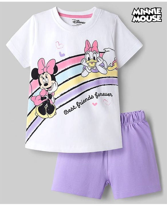 Babyhug Disney Single Jersey Knit Half Sleeves T-Shirt & Shorts Set with Minnie Mouse Graphics - Multicolor