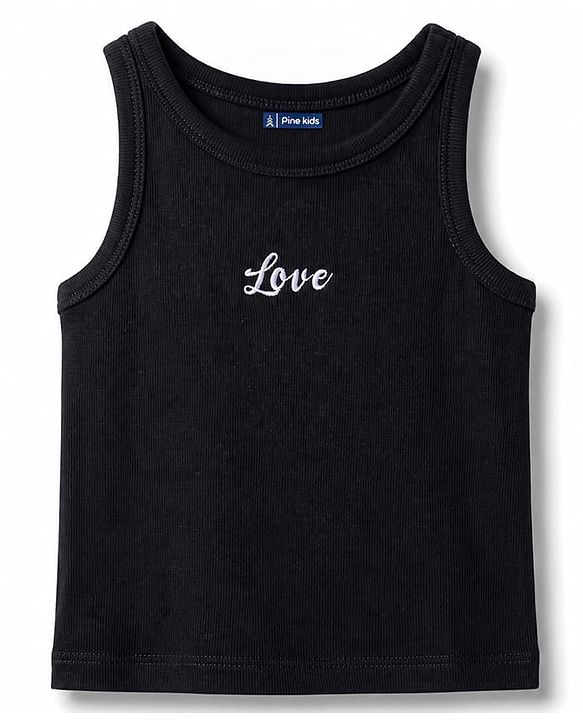 Pine Kids Cotton Lycra Knit Tank Top with 'Love' Embroidery Black 4-5 Years