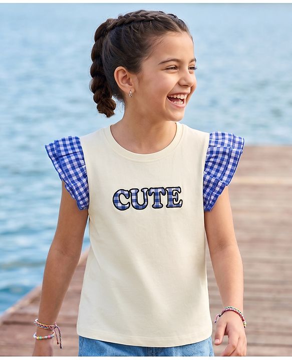 Pine Kids Cotton Knit Top with Ruffled Sleeves and "CUTE" Applique Offwhite 4-5 Years