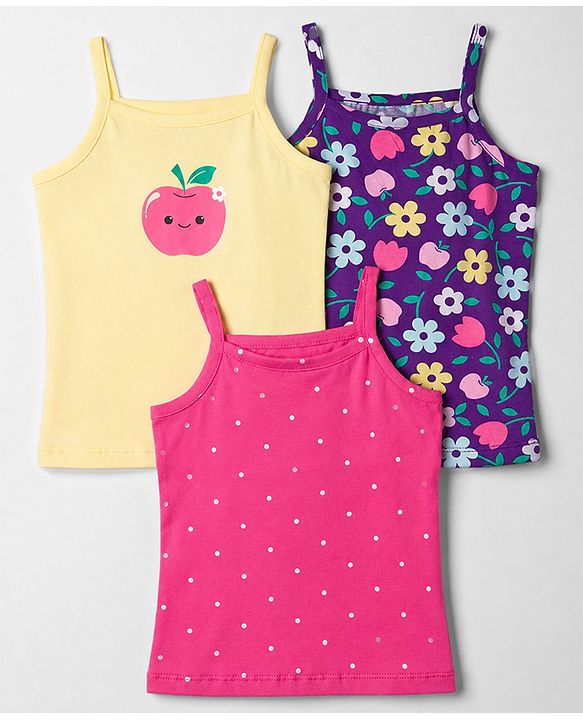 Babyhug 100% Cotton Knit Sleeveless Polka Dots & Floral Printed Slips Pack of 3 - Pink Navy Blue & Lemon