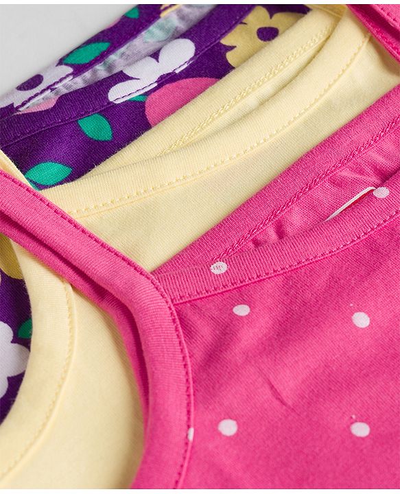 Babyhug 100% Cotton Knit Sleeveless Polka Dots & Floral Printed Slips Pack of 3 - Pink Navy Blue & Lemon
