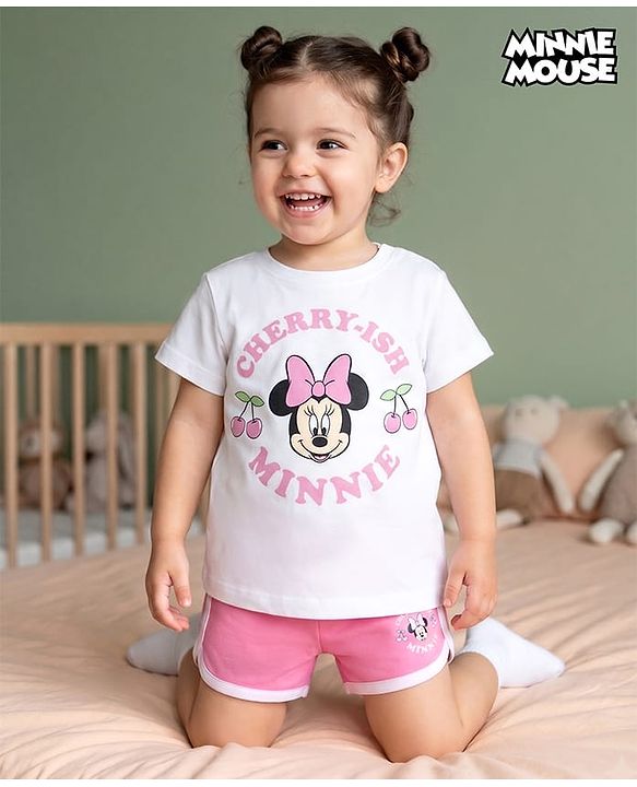 Babyhug Disney Single Jersey Knit T-Shirt & Shorts Night-Suit With Minnie Mouse Graphics - Multicolor