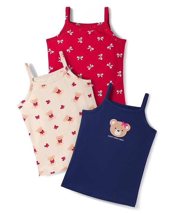 Babyhug 100% Cotton Single Jersey Knit Sleeveless Slips With Bow & Teddy Print Pack of 3 - Multicolor