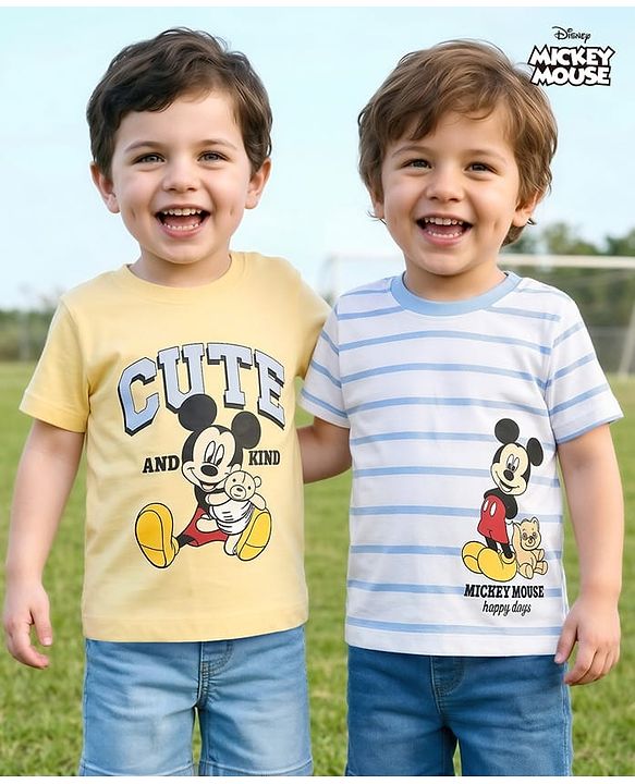 Babyhug Disney Cotton Knit T-Shirt Half Sleeve Graphic Print Multi Color 6-9 Months Pack of 2