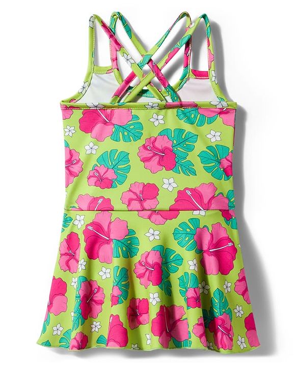 Babyhug Water Repellent Sleeveless Frock Swimsuit with Floral Print - Lime Green