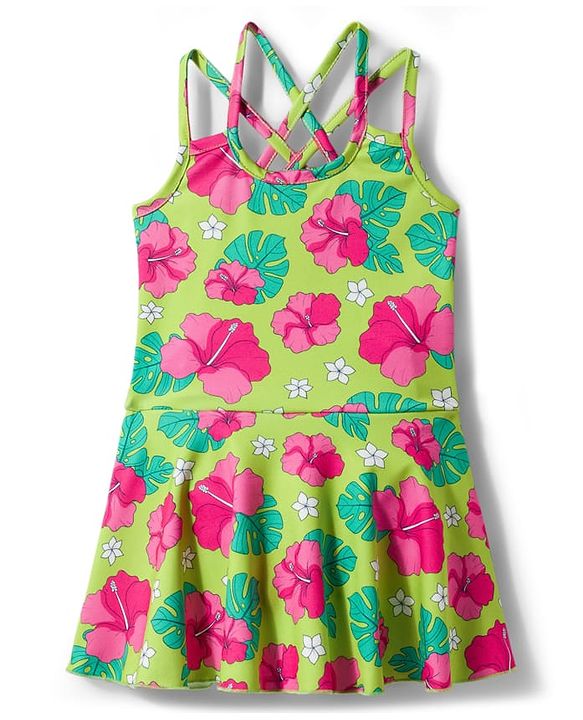 Babyhug Water Repellent Sleeveless Frock Swimsuit with Floral Print - Lime Green