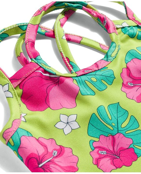 Babyhug Water Repellent Sleeveless Frock Swimsuit with Floral Print - Lime Green