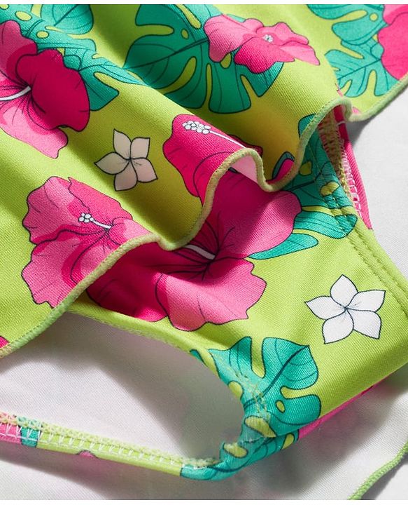 Babyhug Water Repellent Sleeveless Frock Swimsuit with Floral Print - Lime Green