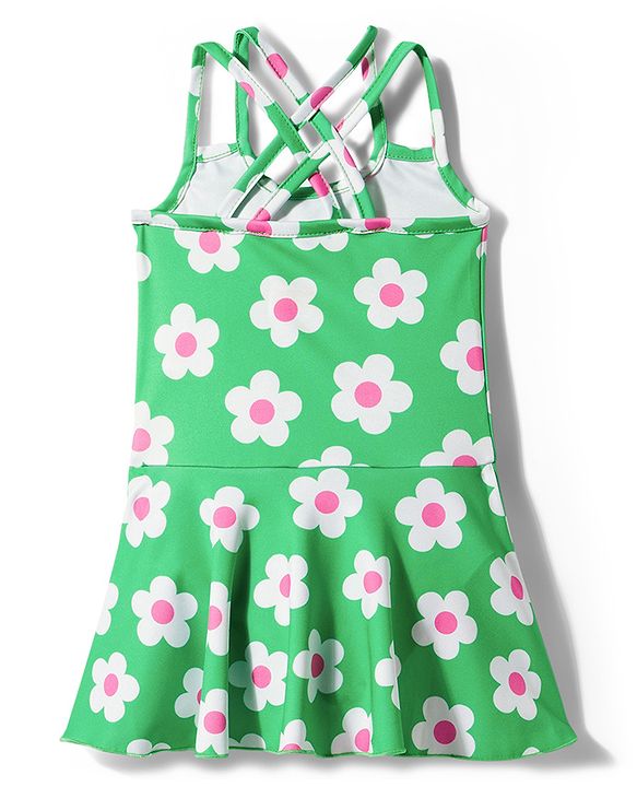 Babyhug Water Repellent Sleeveless Frock Swimsuit with Floral Print - Green