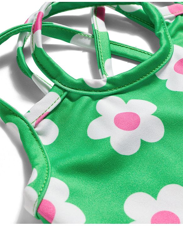 Babyhug Water Repellent Sleeveless Frock Swimsuit with Floral Print - Green
