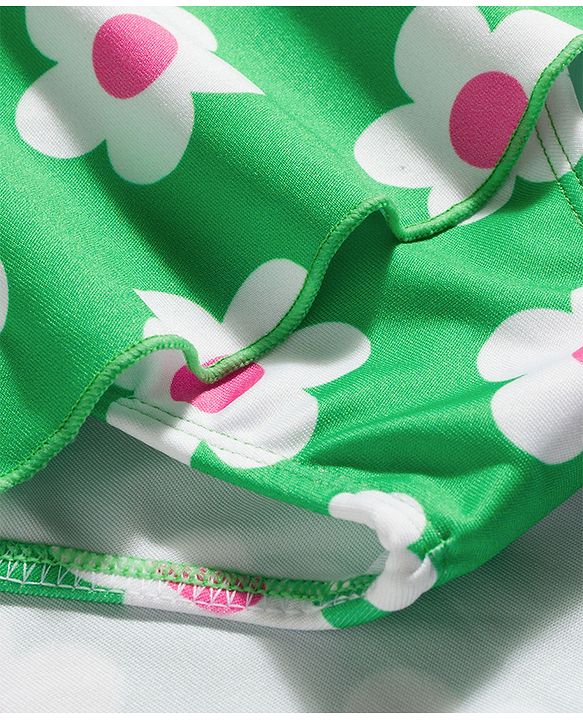 Babyhug Water Repellent Sleeveless Frock Swimsuit with Floral Print - Green