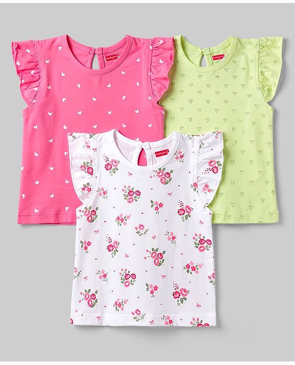 Babyhug Cotton Knit T-Shirts with Ruffle Sleeves and All-Over Print Pack of 3 Multi Color 6-9 Months