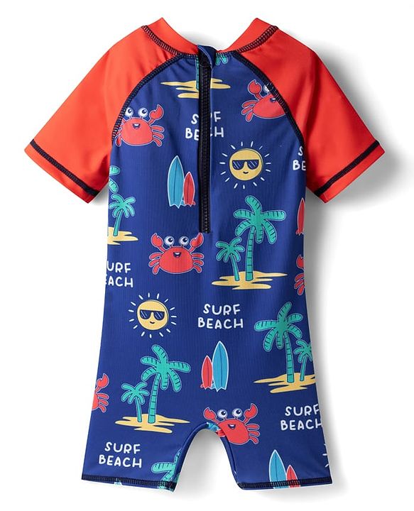 Babyhug Water Repellant Half Raglan Sleeves Legged Swimsuit with Crab Print - Navy Blue